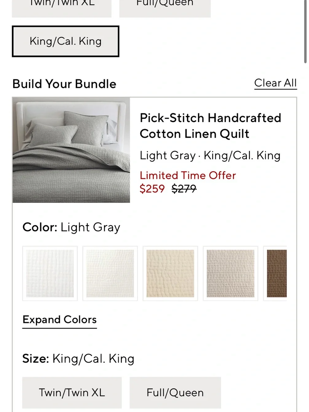 Pottery Barn Gray Pick Stitch King Cotten Linen Quilt